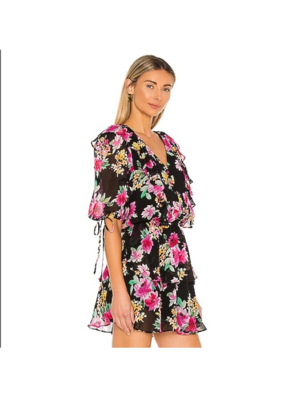 Yumi Kim Black Floral V-Neck Ruffle Mini Dress with Pink Flowers